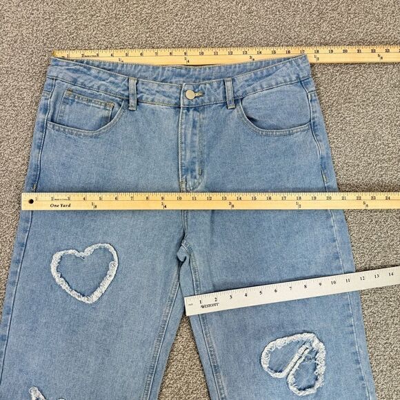 Q&J Patchwork Hearts Wide Leg High Rise Jeans Blue Large - Picture 9 of 12